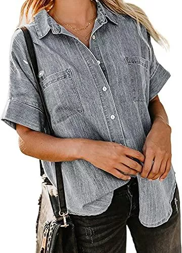 Maavoki Kurzarmblusen Maavoki Damen Sommer Jeanshemd Denim Kurzarm Shirt Button Down Bluse Casual Knöpfen Hemd BlusenShirts S-XXL