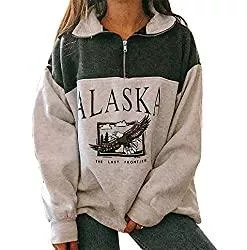 soweilan Langarmshirts Alaska-Print-Grafik Langarm-Sweatshirts für Damen, Hip Hop, Oberteil mit hohem Reißverschluss