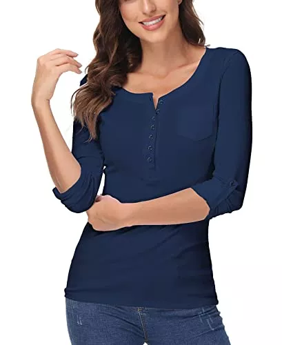 ELFIN Langarmshirts ELFIN Damen Langarmshirt Rundhals Leicht V-Ausschnitt Longsleeve T-Shirt Langarm Freizeit Oberteil Elegantes Stretchbar Henley Shirt Basic Tops