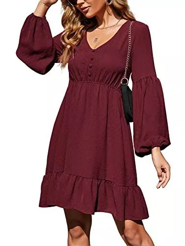 Beluring Freizeit Beluring Damen Kleid Langarm V Ausschnitt Freizeitkleider Lose Swing Kleider
