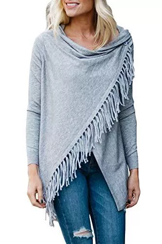 Viottiset Strickjacken Viottiset Damen Long Pullover Cardigan Poncho mit Fransen und Asymmetrisch Schnitt Strickjacken
