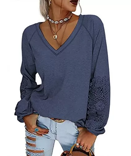 CHARMW Langarmshirts CHARMW Damen V-Ausschnitt Langarmshirts Tops mit Nähte Spitzenarm Casual Lose Pullover Bluse Sweatshirt Tunika Oberteil S-XXL