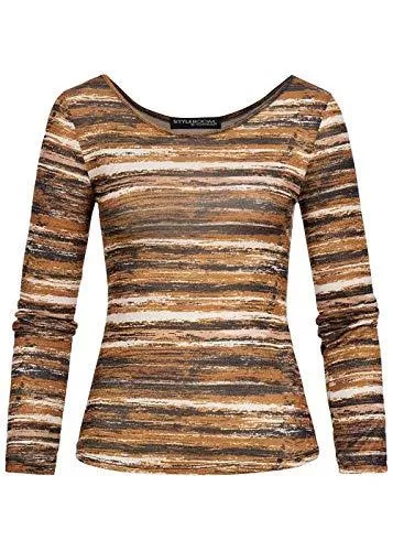 Styleboom Fashion® Langarmshirts Styleboom Fashion® Damen Lurex Glitzer Longsleeve Streifen Print Kupfer braun