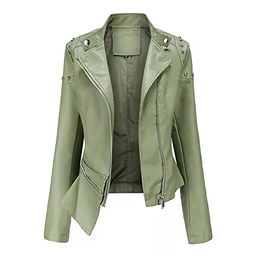 Alueeu Jacken Alueeu Lederjacke Damen mit Nieten Lederjacke Kunstlederjacke Frauen Schwarz Rot Braun Kurz Damen Herbst Winter Motorrad Jacke Bomberjacke Bikerjacke Slim Fit mit Reißverschluss