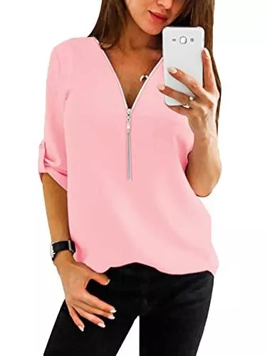 YOINS Langarmblusen YOINS Shirt 3/4 Arm Damen Herbst Festliche Blusen Damen Party Outfit Langarmshirts Reißverschluss V-Ausschnitt Bluse Tunika