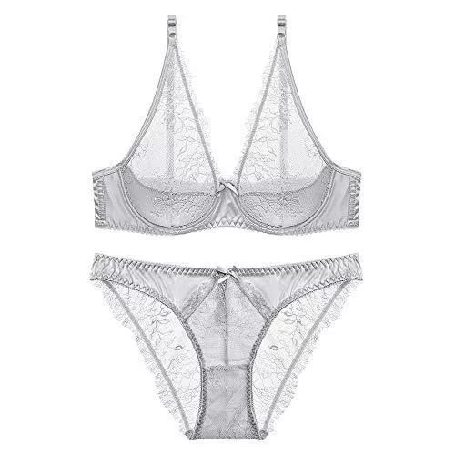WHSS Unterwäsche & Dessous WHSS Dessous-Sets Damen Unterwäsche Set Sexy Spitze Tiefer V bestickt Push Up Dünne Dessous Raffung Transparent Perspektive Durchsichtig BH und Höschen Set (Farbe: Grau, Größe: 75D=32D=70D)