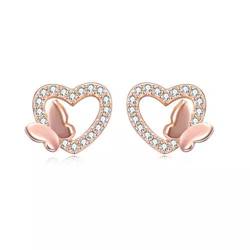 TRENDWERT Schmuck TRENDWERT® Herz-Ohrstecker-Ohrring mit Schmetterling aus 925 Sterling-Silber und Zirkonia Steinen mit Rhodium, rose-Gold oder 750er Gelbgold Veredelung inkl. 2x Ersatzverschluss