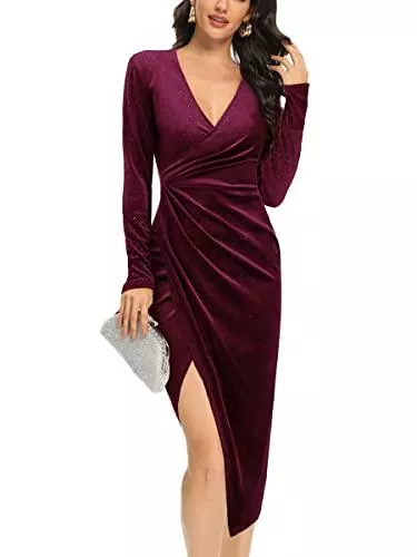 Laughido Cocktail Laughido Winterkleid Damen Ärmellos Samt Kleid Bodycon Mit Rüschen Spaghettiträger V-Ausschnitt Partykleid Minikleid Kleider Mit Schlitz