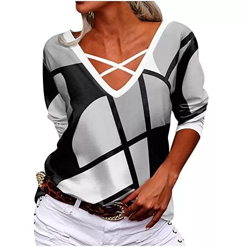 Masrin Langarmshirts Masrin Trendige Oberteile Damen Lässiges T Shirt mit geometrischem Print Pullover mit Farbblock Patchwork Tunika Oberteile mit V Ausschnitt und Langen Ärmeln Baggy Bequeme Bluse Herbst Langarmshirts