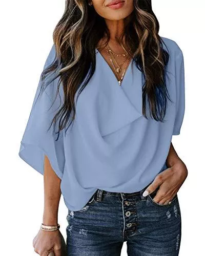 Minetom Kurzarmblusen Minetom Damen Fledermaus Batwing Chiffonbluse Tunika T-Shirt Top Bluse Kurzarm Drapieren V Ausschnitt Sommer Casual Loose Fit Elegant Hemd