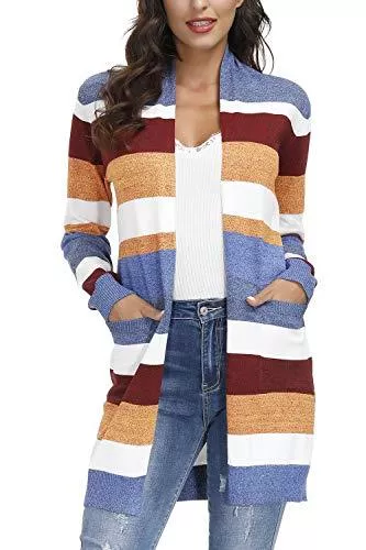 Cassiecy Strickjacken Cassiecy Damen Strickjacke Herbst Langarm Casual Gestreift Cardigan Lose Mantel Strickpullover Coat Jacke