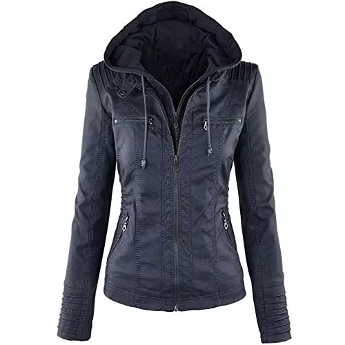 kissnite Jacken kissnite Damen Lederjacke Frauen Kapuzen Kunstlederjacke Warm Verdicken Motorrad Jacke Oberteile Bikerjacke mit Reißverschluss