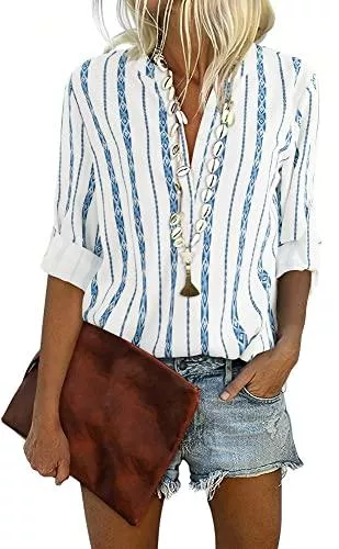 Cindeyar Langarmblusen Cindeyar Bluse Damen Langarm Streifen Oberteile Casual Langarmshirt Tops Lose Baumwolle Tunika Hemd