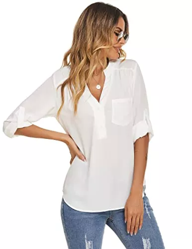Beyove Langarmblusen Beyove Damen Bluse Chiffon Elegant V-Ausschnitt Kurzarm Knopfleiste Casual Oberteile Loose Langarmshirt Tops Einfarbig Hemdbluse Shirts mit Verstellbarer Ärmel