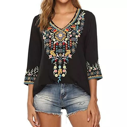 JINXL Langarmblusen JINXL Damen Druck Oberteile T-Shirt Sommer Böhmen Stickerei V-Ausschnitt Tops Hemd Frauen 3/4 Arm klassisch Retro Blumenmuster Lose Blusen Tunika Elegante Dünn und leicht Weich Große Größe Hemdbluse