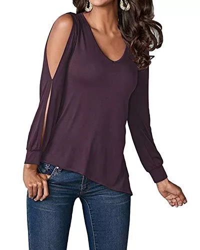 YOINS Langarmblusen YOINS Oberteile Damen Langarm Tops Lose Asymmetrisch Sweatshirt Casual T-Shirt Herbst und Winter Einfarbig Cold Shoulder V Ausschnitt Tunika