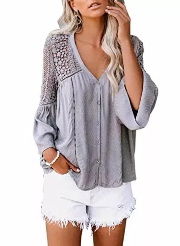 Astylish Ärmellose Blusen Astylish Bluse Damen Spitze V-Ausschnitt Hemd Elegant Chiffon Tunika mit Aushöhlen Flare Ärmel Einfarbig Blusen S-XXL