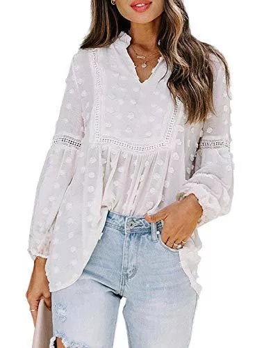 Dokotoo Langarmblusen Dokotoo Damen Bluse V-Ausschnitt Langarm Tunika Frühling Sommer Vintage Boho Oberteile Shirts Tops Spitze Laternenärmel Lose Sweatshirt Langarmshirt S-2XL