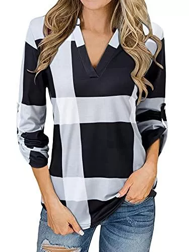 YOINS Langarmblusen YOINS Bluse Damen Kariert Hemd Elegant Oberteile Langarmshirt Gestreift Tops V-Ausschnitt