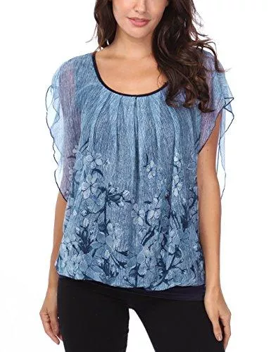 BAISHENGGT Kurzarmblusen BAISHENGGT Damen Falten Kurzarm Tunika Batwing Rundkragen Bluse