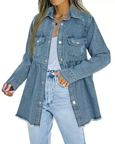 Maxwinee Jacken Maxwinee Damen Jeansjacke Locker Denim Jacke Vintage Langarm Peplum Jacke Oversize Übergangsjacke