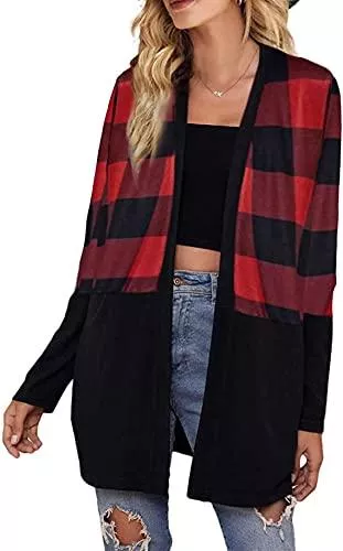 datasy Strickjacken datasy Damen Lange Strickjacke Cardigan Kariert Locker mit Taschen Offene Strickmantel Leichte Strickpullover Langarm Ponchos Winter Lässige