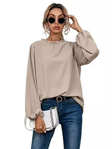 SheIn Langarmblusen SheIn Damen Elegant Bluse mit Rüschen-Kragen Langarm Oberteil Blusen Chiffonbluse Herbst Tunika Pollover Bishop Ärmel