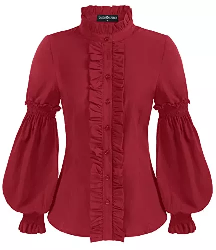 SCARLET DARKNESS Langarmblusen SCARLET DARKNESS Damen Viktorianisch Bluse Gothic Laternenhülse Stehkragen mit Rüschen Langarmshirt