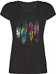 Shirtracer T-Shirts Shirtracer - Kunst Outfit Anker, Blumen &amp; Co. - Federn Wasserfarbe Watercolor Feathers - Damen T-Shirt mit V-Ausschnitt