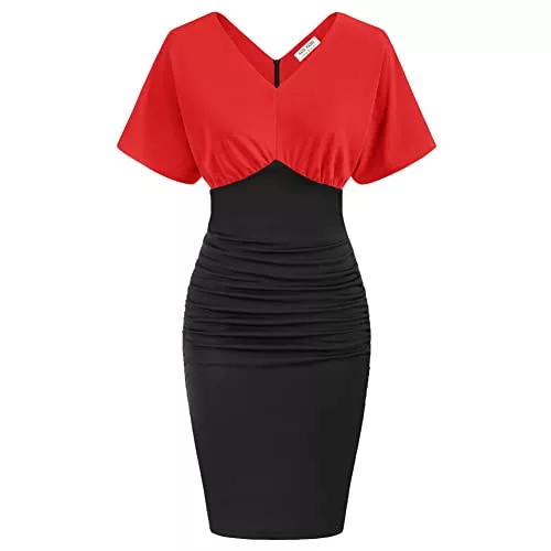 Kate Kasin Business Kate Kasin Damen Vintage Hohe Taille Business Kleid Hüftkleid Sommer Knielang Bleistiftkleid V Neck Elegant Kurzarm Etuikleid Pencil Kleid für Cocktail Party Rockabilly Hochzeit Ballkleid KK0278S22