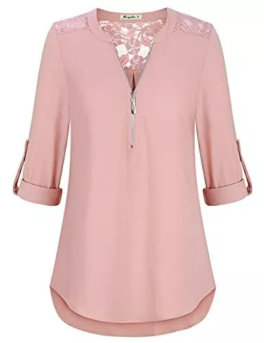 Moyabo Langarmblusen Moyabo Damen V-Ausschnitt Spitzen Bluse Loose Elegant Oberteile ReißVerschluss Langarm Shirts