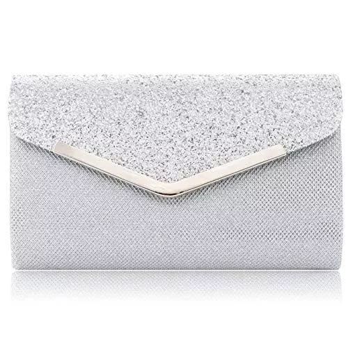 LONGBLE Taschen & Rucksäcke LONGBLE Clutch Silber Glitzer, Damen Handtasche, Elegante Envelope Tasche, Abendtasche mit Kette für Hochzeit Party Freizeit Datin