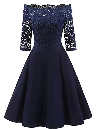 LA ORCHID Cocktail LA ORCHID Laorchid Damen Rockabilly Kleid Knielang elegant Sommerkleid Damen Vintage Spitze cocktailkleid Off Shoulder Abendkleid Kleider Brautjungfernkleid