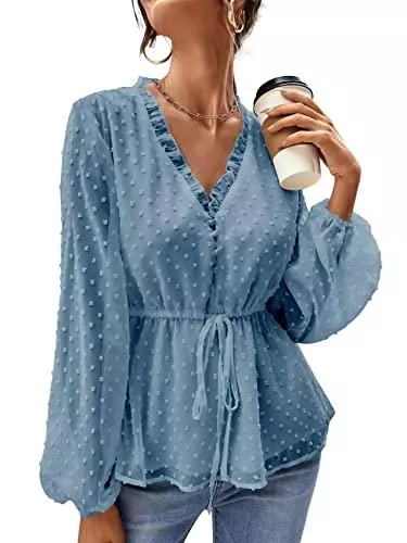 Gemijacka Ärmellose Blusen Gemijacka Damen Langarm V Ausschnitt Chiffon Bluse Tailliert Dots Tunika T Shirt Lose Sommer Tops