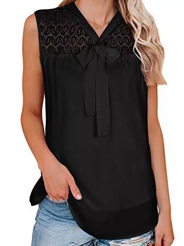 Moyabo Ärmellose Blusen Moyabo Damen Ärmellose Bluse Spitze Patchwork Basic Oberteil Vintage Hemd Büro Shirtbluse mit Schleife