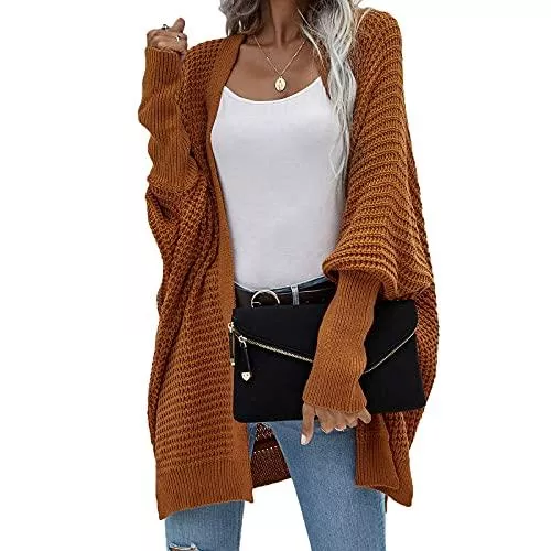 WOTCSIL Strickjacken WOTCSIL Strickjacke Damen Fledermausärmel Cardigan Lang Elegant Strickmantel Frauen Casual Grobstrick Langarm Gestrickt Knielänge Pullover Sweater Strickweste Top für Herbst Winter Frühling