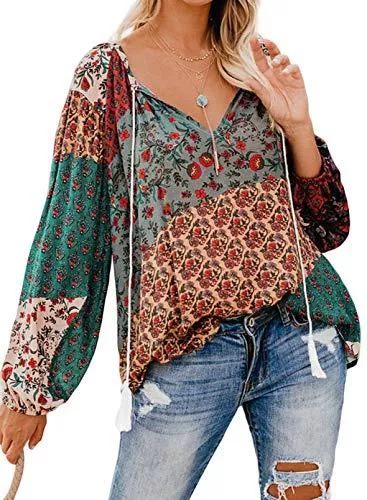 HIKARO Langarmblusen Amazon Brand - Hikaro Damen Blumen Bluse Chiffon Langarm Oberteil Casual V-Au, Schnitt Tops Tunika Hemd Oversize locker sitzende Fledermausärmel Chiffonoberteil