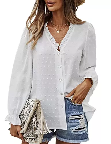 WISFRUIT Langarmblusen WISFRUIT Damen Elegant V Ausschnitt Chiffon Bluse Langarm Rüschen Button Down Casual Einfarbig Langarmshirt Tops Sommer
