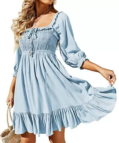 HELUKI Freizeit HELUKI Damen Kleid Elegant Langarm Kurz Hochzeitkleider Partykleid mit Halsband Rüsche Bollenkleid Blusekleid für Sommer Frühling