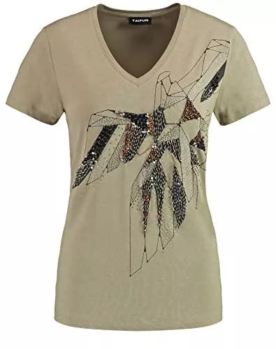 TAIFUN T-Shirts Taifun Damen T-Shirt mit Applikation EcoVero Kurzarm Shirt figurbetont, figurumspielend T-Shirt Kurzarm Rundhals Shirt Gemustert, unifarben