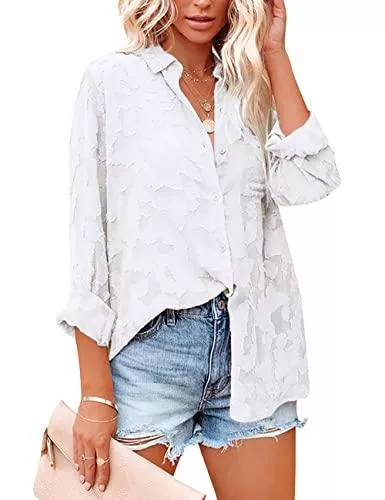 WISFRUIT Langarmblusen WISFRUIT Damen Casual Chiffon Bluse V-Ausschnitt Langarm Button Down Elegant Jacquard Langarmshirt Spitze Tops Oberteile Hemd
