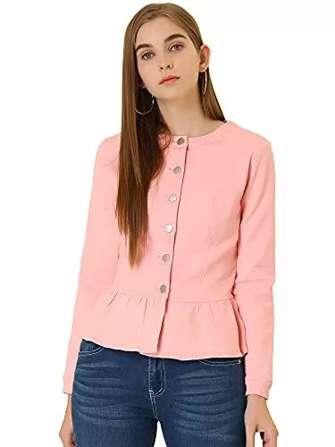 Allegra K Jacken Allegra K Damen Langarm Stehkragen Volant Peplum Crop Jeansjacke Jacke