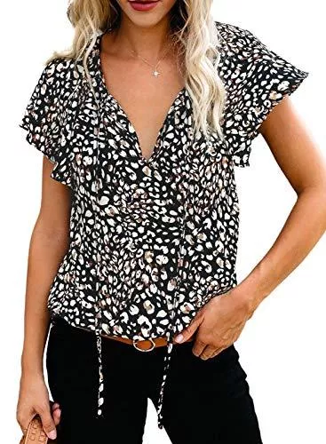 Dokotoo Kurzarmblusen Dokotoo Damen Bluse Sommer Blumen Kurzarm Tunika Boho Lose V-Ausschnitt Oberteile T-Shirt Tops S-2XL