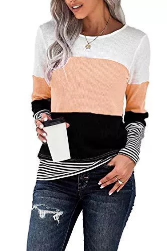 FANGJIN Pullover & Strickmode FANGJIN Pullover Damen Bluse Langarmshirt Tunika Farbblock Tshirt Oberteile Tops