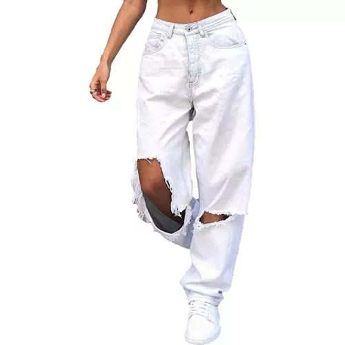 Qinvern Jeans Damen Holey Jeans Mid Rise Weites Bein Hosen Entspannt Lässig Zerrissen Heiß Einfach Einfarbig Mit Löchern