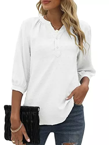 Bequemer Laden Langarmblusen Bequemer Laden Sommer Damen V-Ausschnitt 3/4 Ärmel Casual Tshirt Swiss Dot Knopfleiste Chiffon Oberteile Top T-Shirt Bluse Tunika