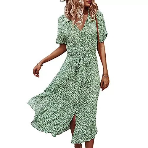 L&amp;ieserram Freizeit L&amp;ieserram Sommerkleid Damen Lang Maxikleid mit Ärmel Blumen Kurzarm Elegant V-Ausschnitt Knopfleiste Kleid Sommer High Waist Tailliert Strandkleid Knielang Chiffon Kleid
