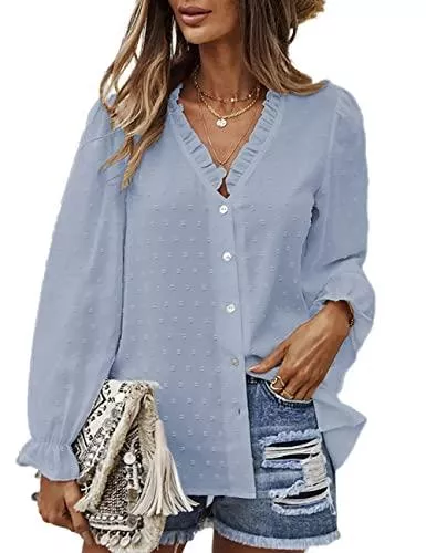 WISFRUIT Langarmblusen WISFRUIT Damen Elegant V Ausschnitt Chiffon Bluse Langarm Rüschen Button Down Casual Einfarbig Langarmshirt Tops Sommer