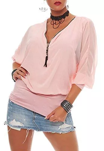 malito more than fashion Langarmblusen Malito Damen Bluse im Fledermaus Look | Tunika mit Zipper | Kurzarm Blusenshirt mit breitem Bund | Elegant - Shirt 6297 (rosa)