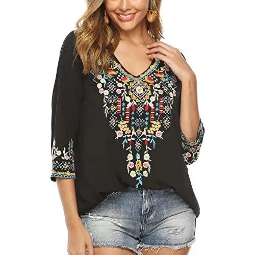Seasonal Langarmblusen Seasonal Damen T-Shirt Sommer Böhmen Stickerei Besticktes Hemd V-Ausschnitt 3/4 Arm Tops Blouse Lose Tops Tunika Damen